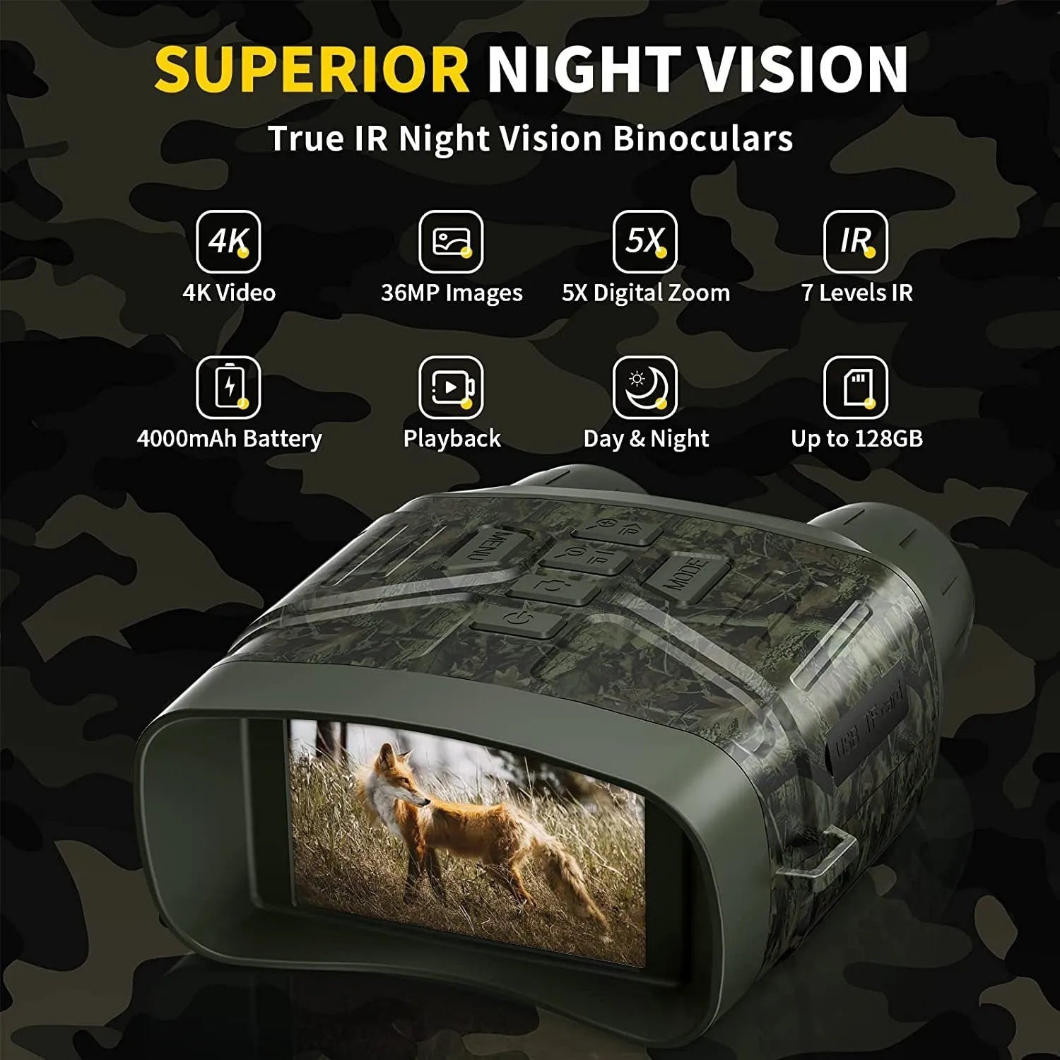 Black or camouflage 4K night vision instrument with display screen showing night vision footage.