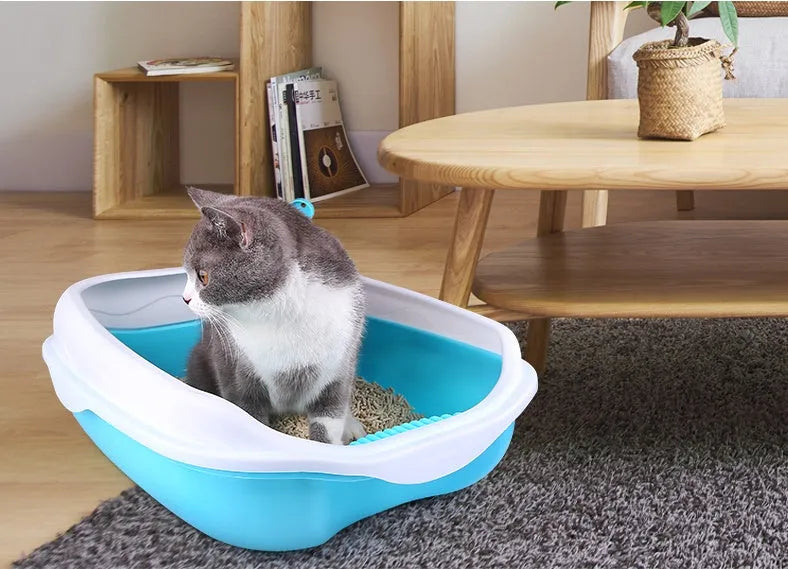 Large blue semi-enclosed thickened plastic cat litter box with cat shovel and optional mat