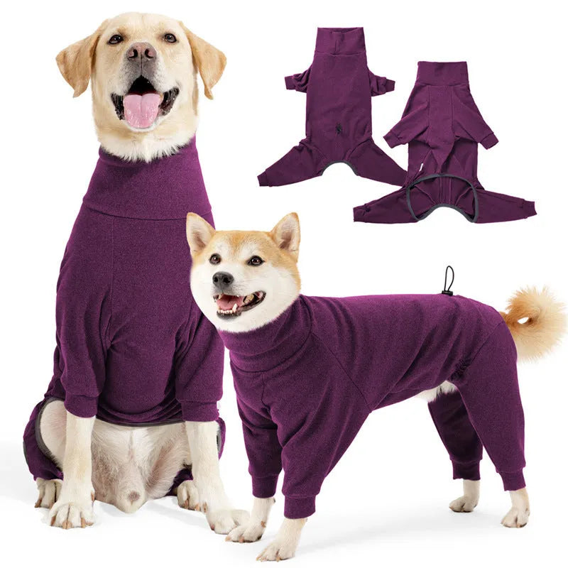 Dark grey polar fleece dog clothes with four-legged design and high collar