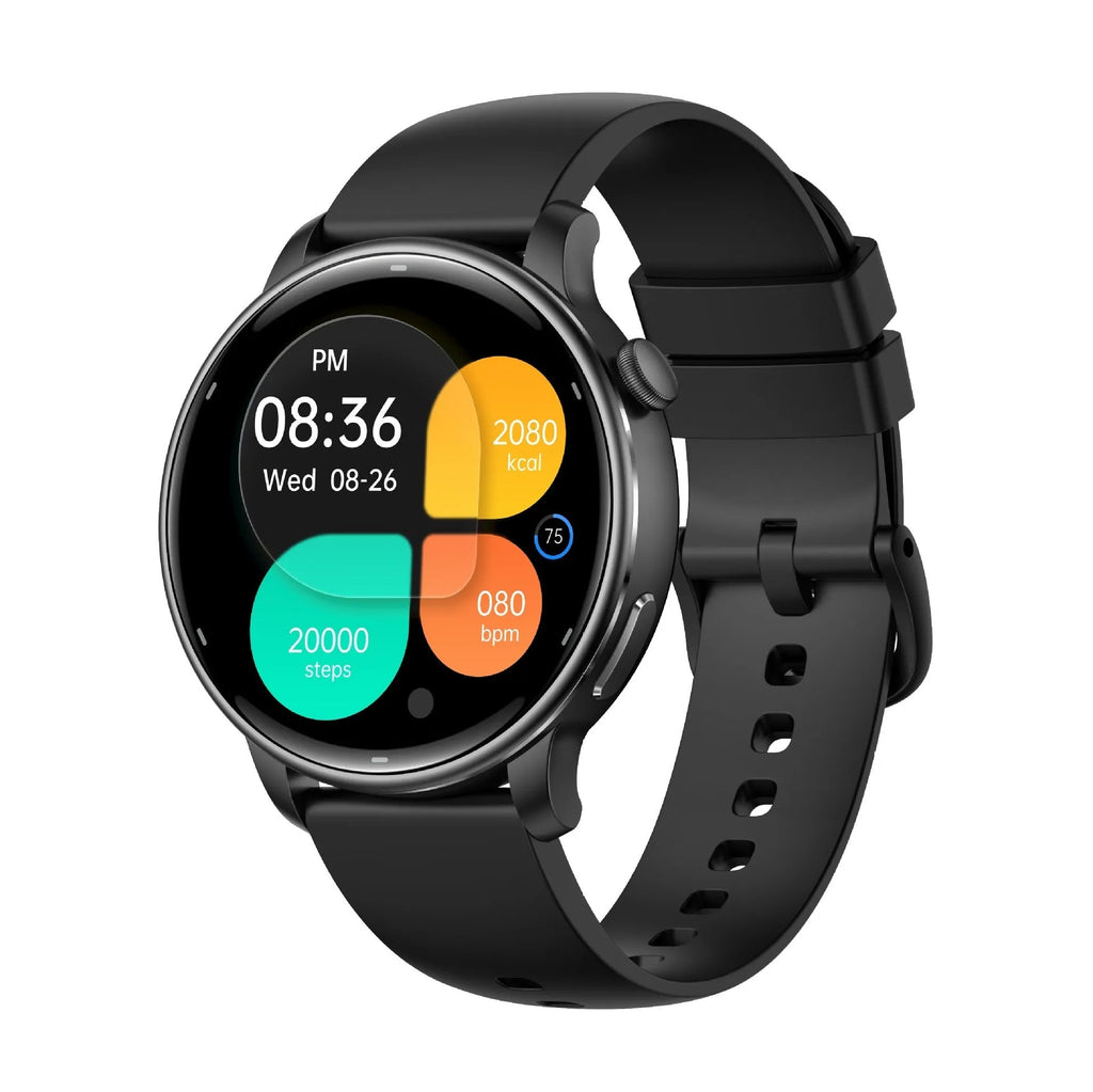 Smart watch with AMOLED display, GPS, heart rate and blood pressure monitoring, waterproof, black rubber strap