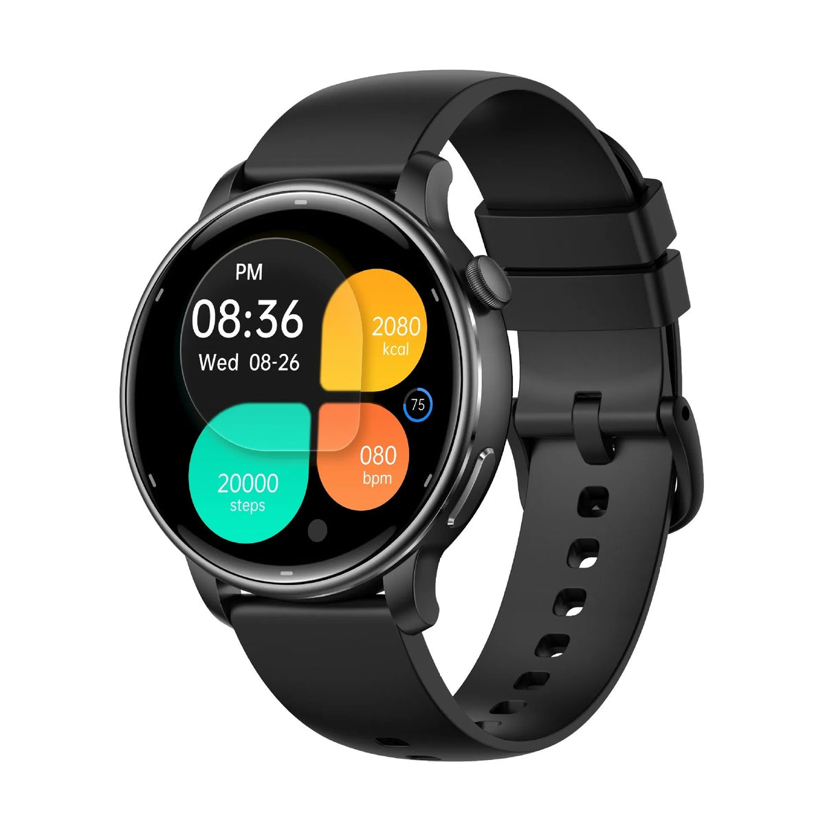Smart watch with AMOLED display, GPS, heart rate and blood pressure monitoring, waterproof, black rubber strap