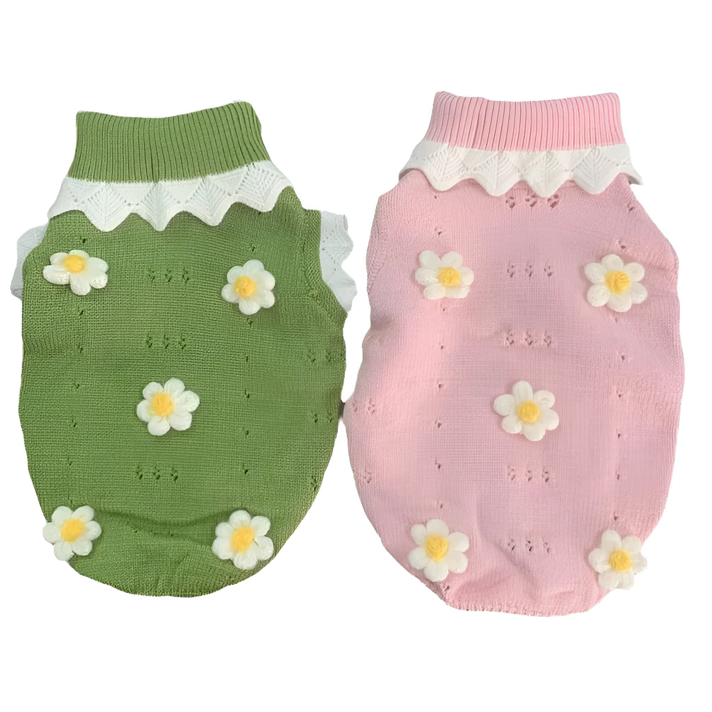 Green flower blossom pattern knit dog sweater shown on a small dog, with size chart for XS S M L XL.