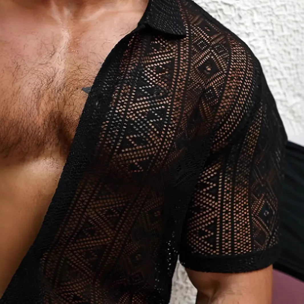 Men's black lace transparent short-sleeved polyester shirt cardigan on a model, front view