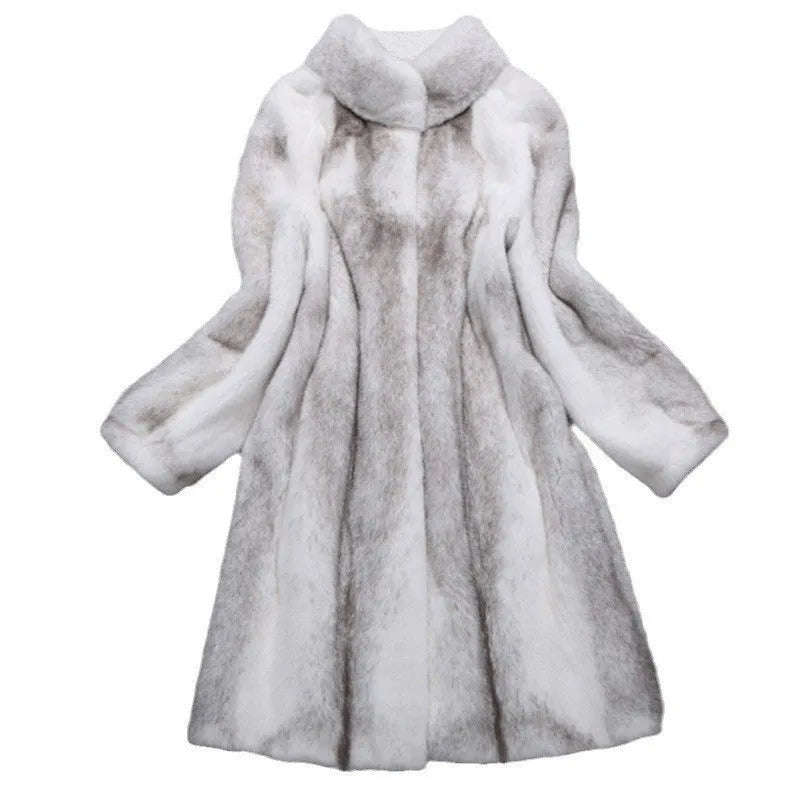 White faux fur coat with a stand-up collar and regular sleeves on a female model.