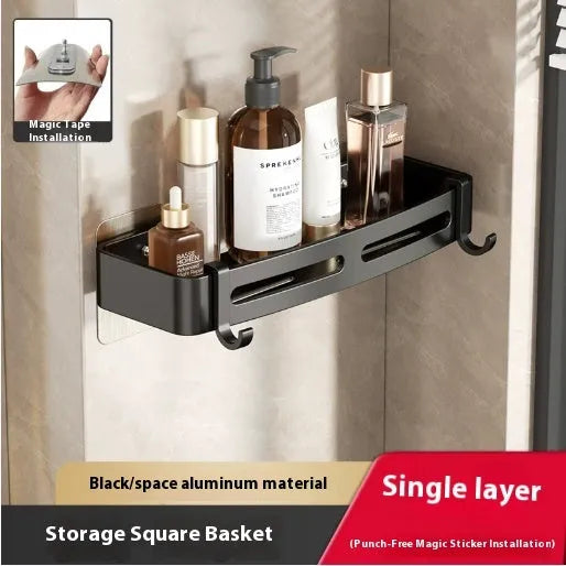 Gun grey triangle-shaped bathroom shelf with adhesive wall mount and optional towel rod.