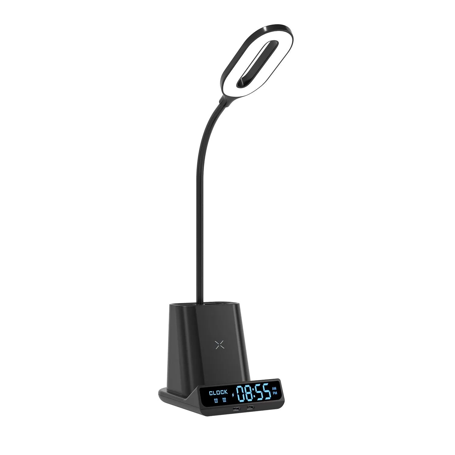 Modern desk lamp with wireless charging pad, storage box, and pen holder on a wooden desk.