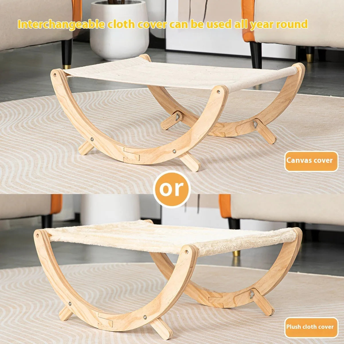 Solid wood foldable cat shaker bed hammock with canvas and plush surfaces