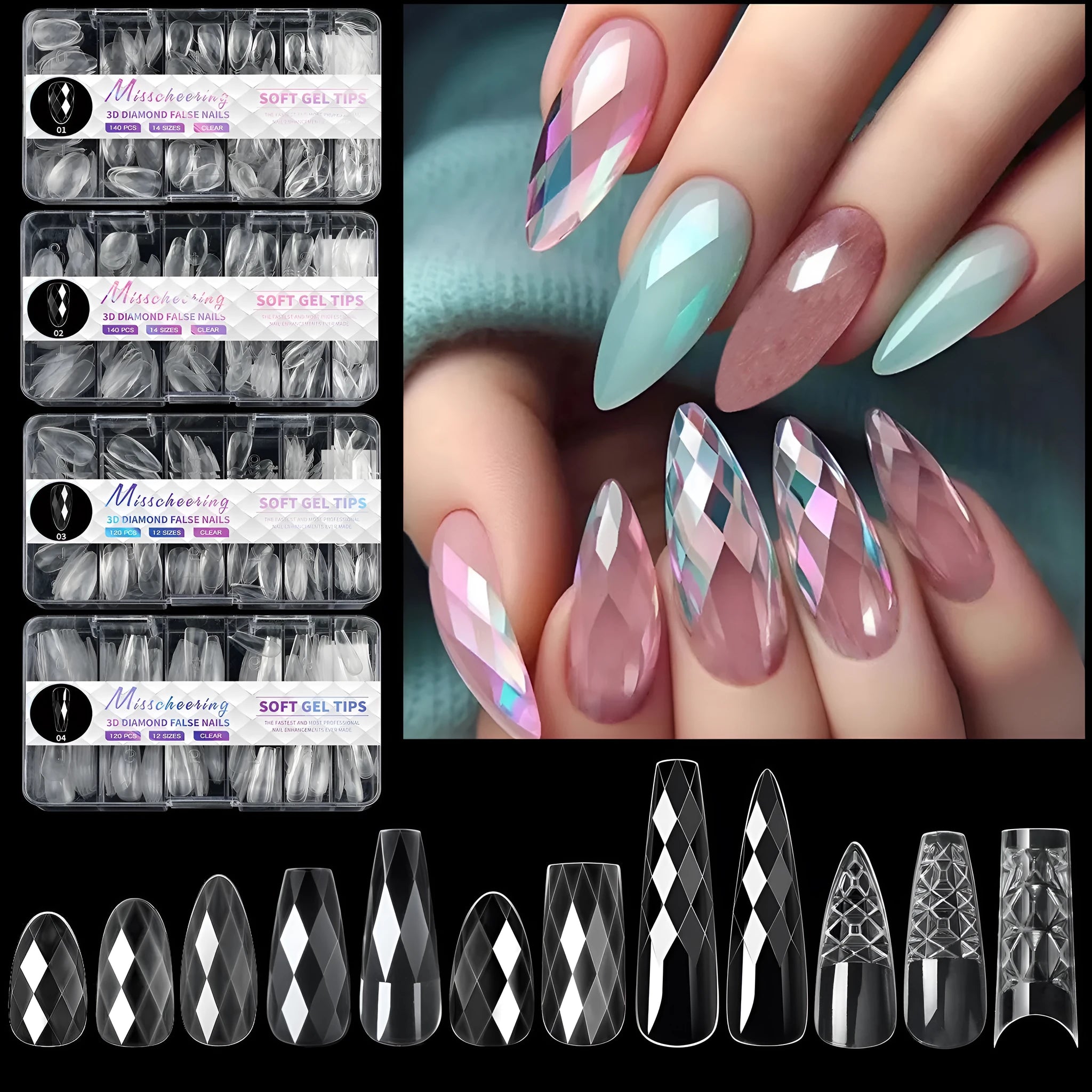 Pack of clear glitter nail extension tips showing 3D diamond design in various colours.