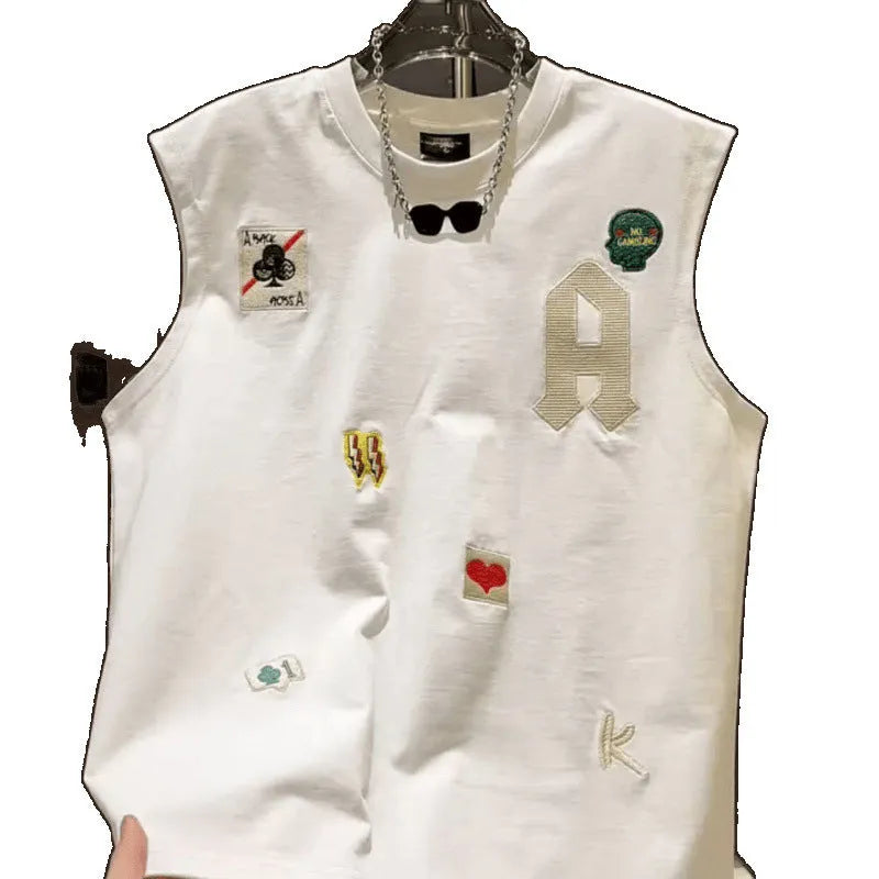 Men's black cotton sleeveless vest t-shirt with a large cartoon graphic print on the front.