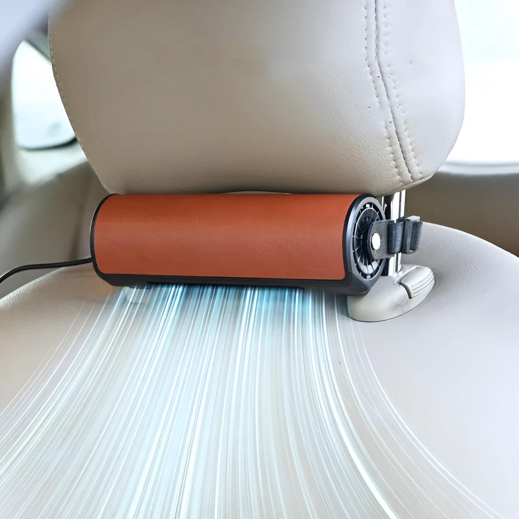 USB plug-in car fan for rear seats in black, brown, or red with a 1.5 metre cable