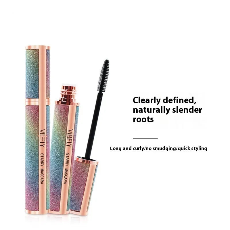 Black waterproof mascara product showing 4D long thick curling effect on lashes