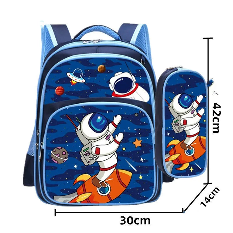 Blue nylon school backpack with cartoon print, shown with a pencil case