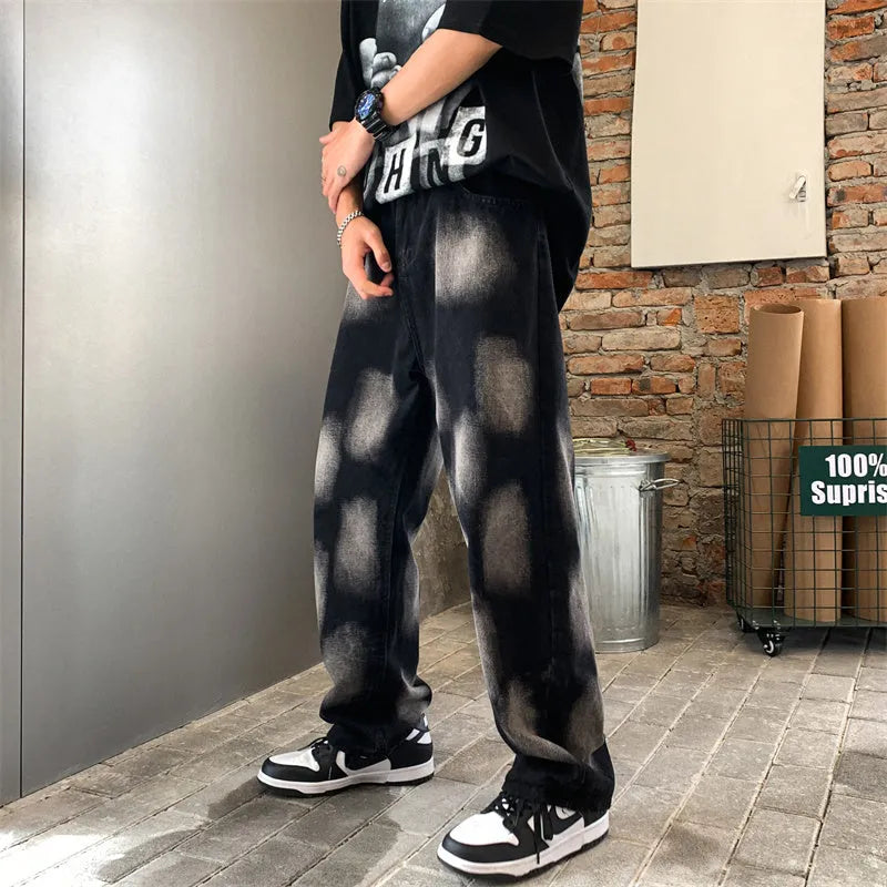 High Street tie-dye hip-hop straight jeans for men and women in black cotton, size options S to 2XL