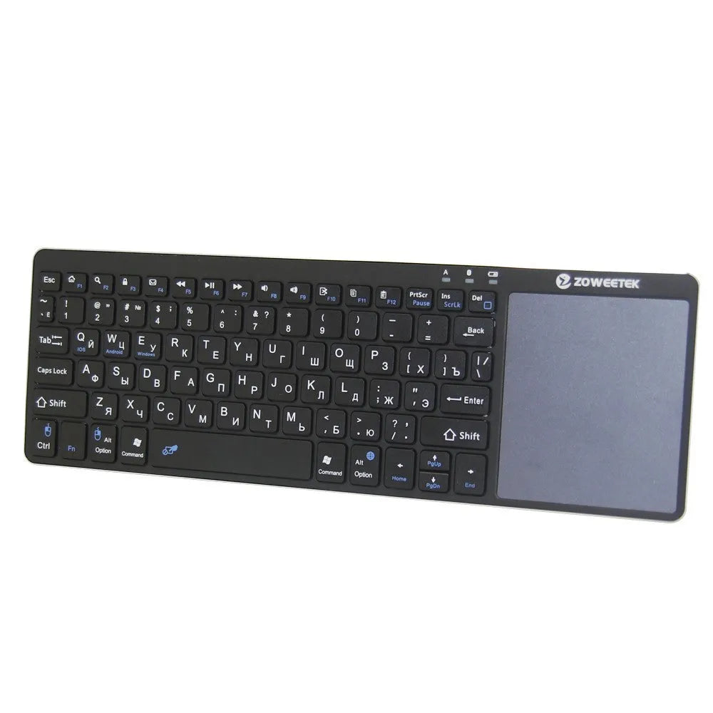 Zoweetek k12bt-1 mini wireless Bluetooth keyboard with touchpad and Russian English Spanish keys, aluminium steel cover, 80 keys