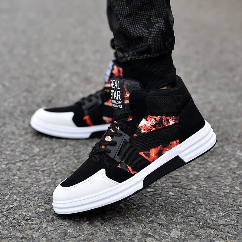 Camouflage high-top lace-up shoes with suede leather upper and non-slip rubber sole, available in black blue, black red, and black white.