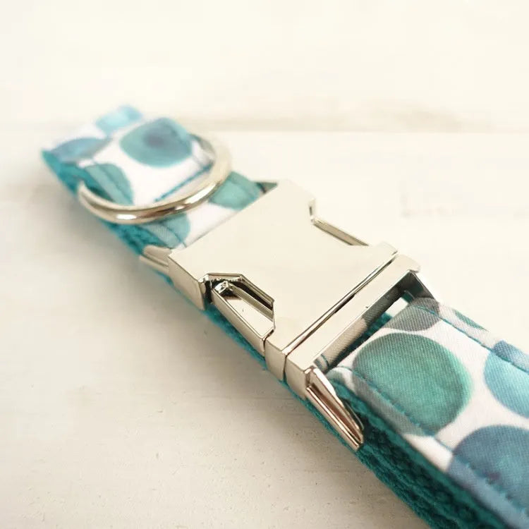 Blue bohemian patterned polyester dog collar on a solid background, size options XS to XL