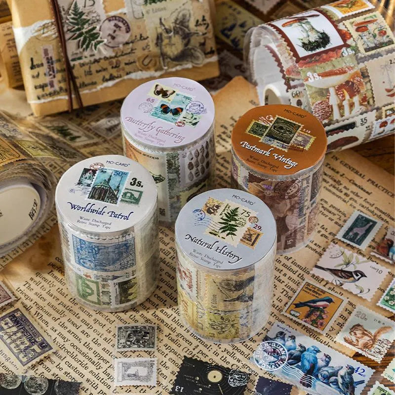 Roll of retro-style stamped decorative paper with butterfly, forest, bird, and mushroom designs, 55mm wide.