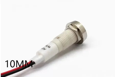 10mm stainless steel edge plastic indicator light with wire leads in multiple colours.