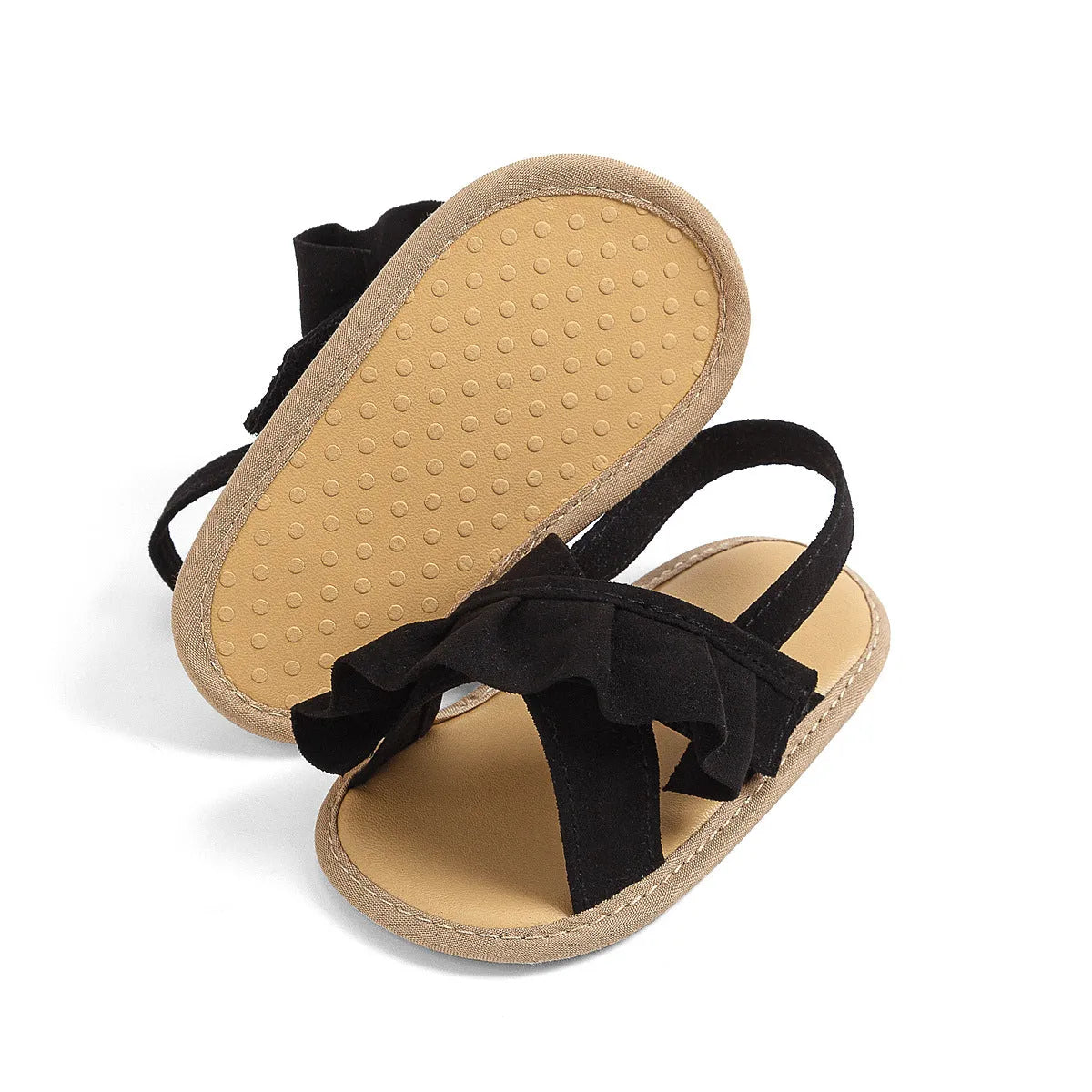 Baby girl toddler shoes with soft bottom, lace, and Velcro closure in white cotton cloth, side view