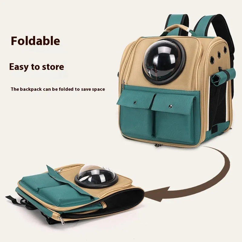 Cat space capsule portable large capacity pet backpack in khaki with green colour for cats up to 7kg