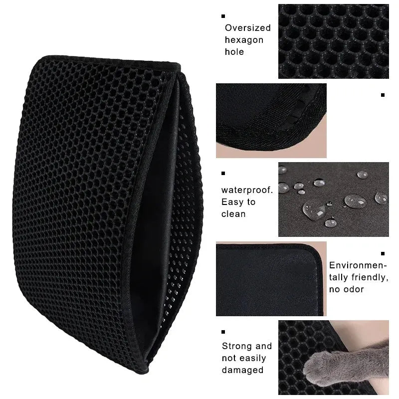 Black waterproof EVA cat litter mat with honeycomb surface and quilted edge