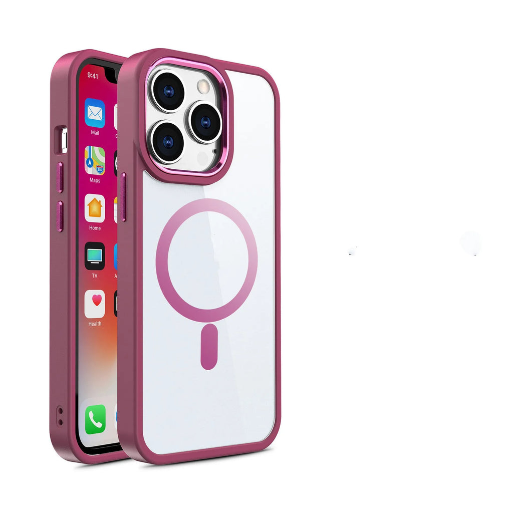 Clear magnetic phone case with coloured silicone bumper on an iPhone, showing MagSafe charger attachment.