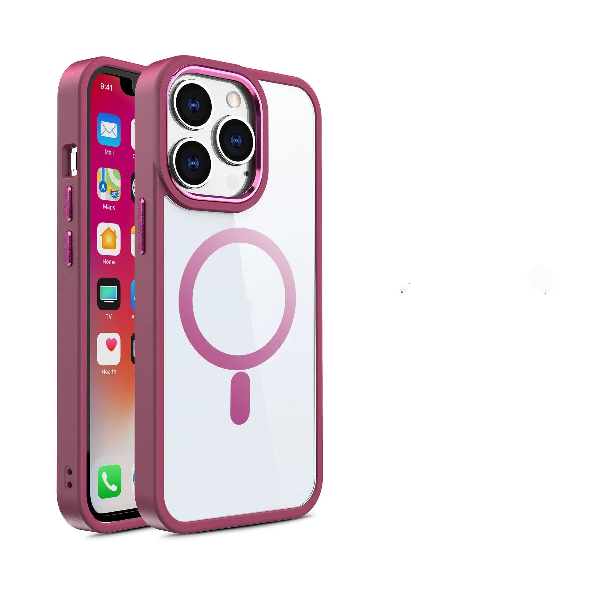 Clear magnetic phone case with coloured silicone bumper on an iPhone, showing MagSafe charger attachment.