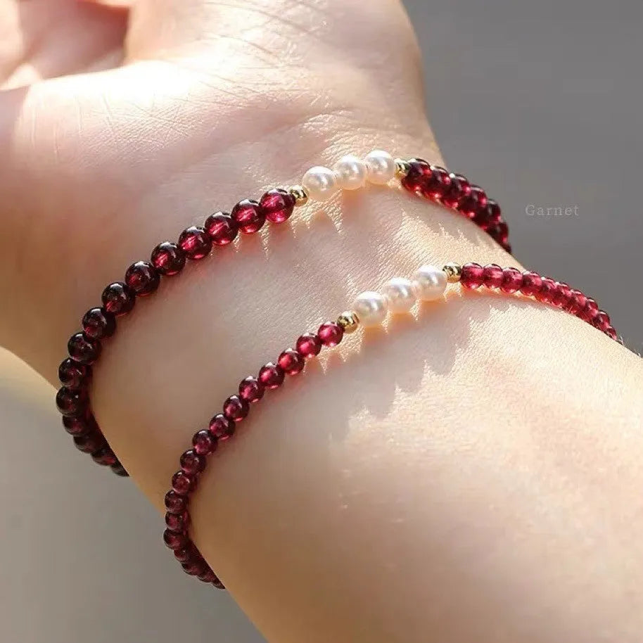 Women's 3mm new Chinese garnet style crystal bracelet with artificial pearl accents