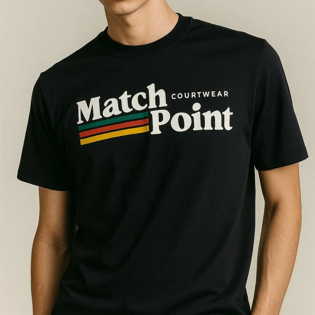 Black men's t-shirt with a white 3D digital printed text pattern on the front, showing a round neck and short sleeves.