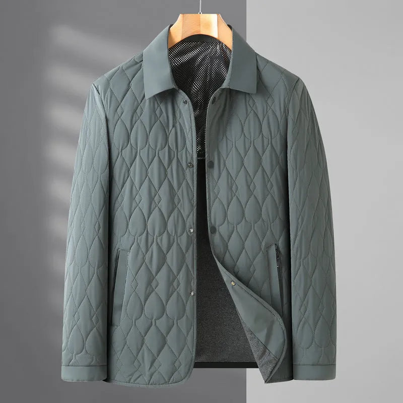 Men's lightweight cotton-padded diamond lattice jacket in black, gray green, and navy blue for autumn winter business casual wear