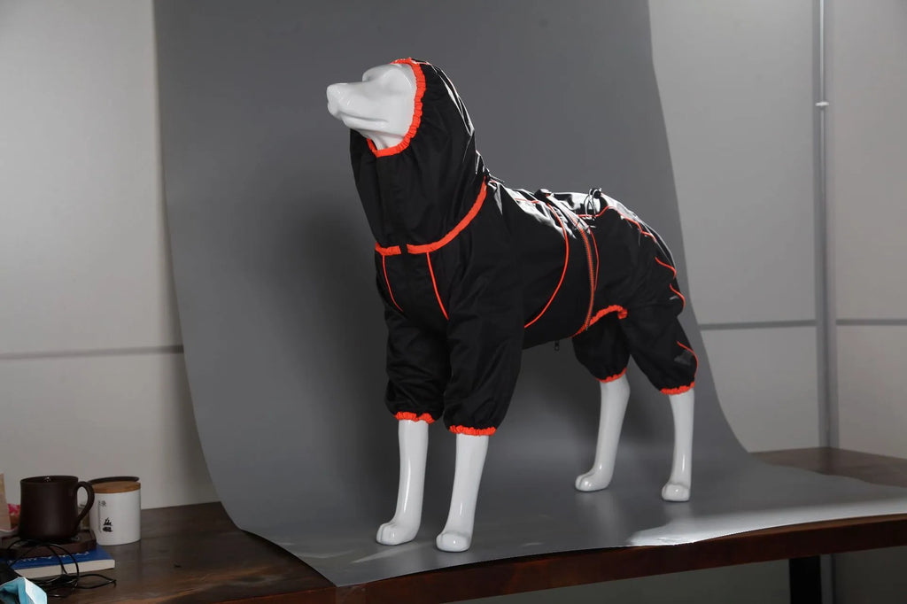 Red dog shell jacket with cotton padding shown on model dog with sports-style design