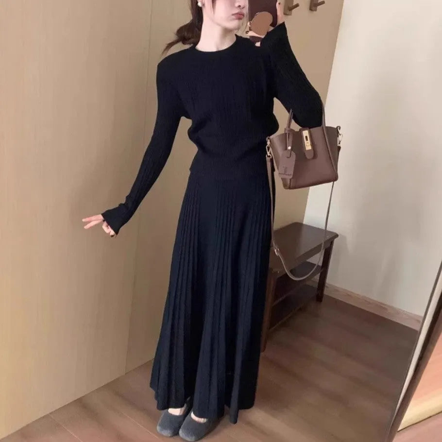 Dark grey artistic retro long knitted dress suit with 3D pattern and ethnic collage stitching, shown as a two-piece set.