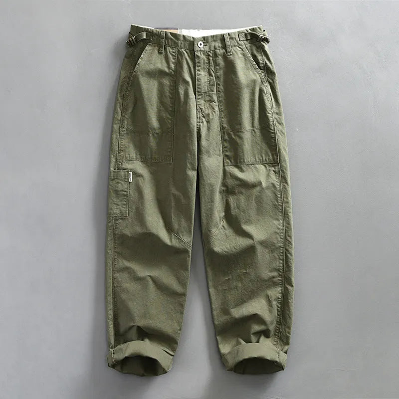 Men's straight leg casual cotton trousers in apricot, brown, or army green.