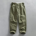 Men's straight leg casual cotton trousers in apricot, brown, or army green.