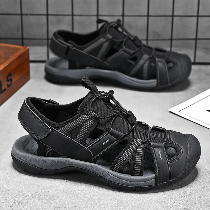 Men's blue casual sports shoes with Velcro strap and mesh upper on a rubber sole.