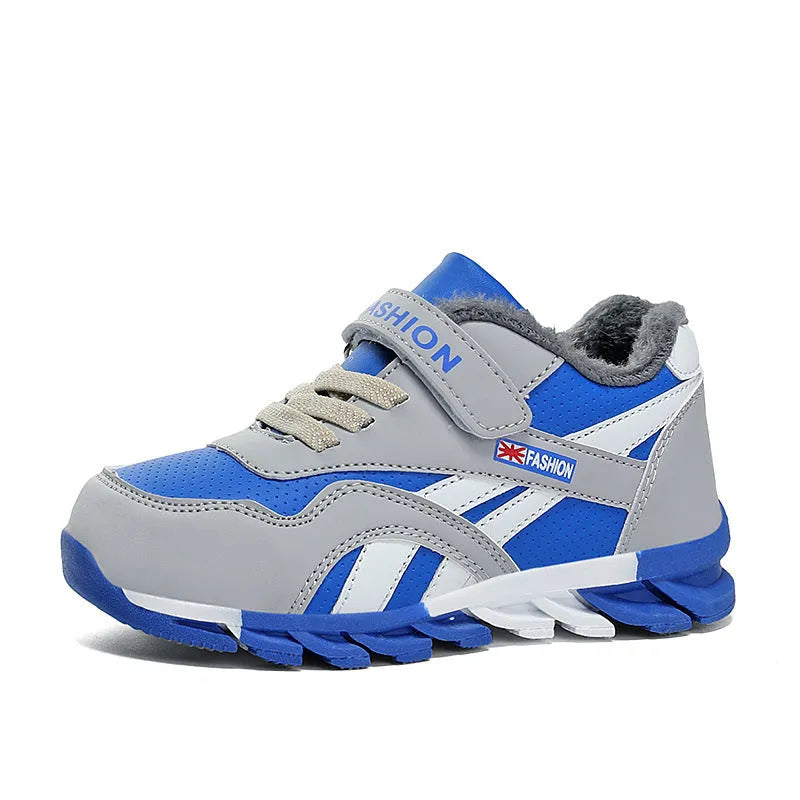 Children's grey Velcro running shoes with synthetic leather upper and rubber sole.