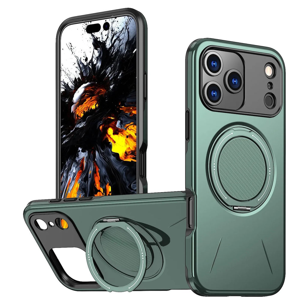 Rotating damping magnetic bracket phone case for iPhone 17Pro in black showing kickstand deployed