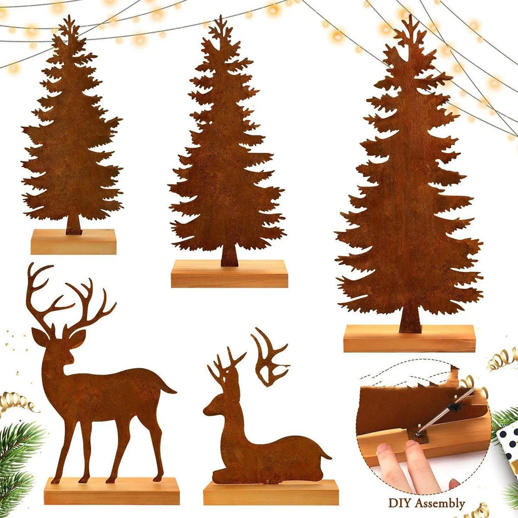 Three rusty metal elk Christmas tree ornaments with American-style design on green branches