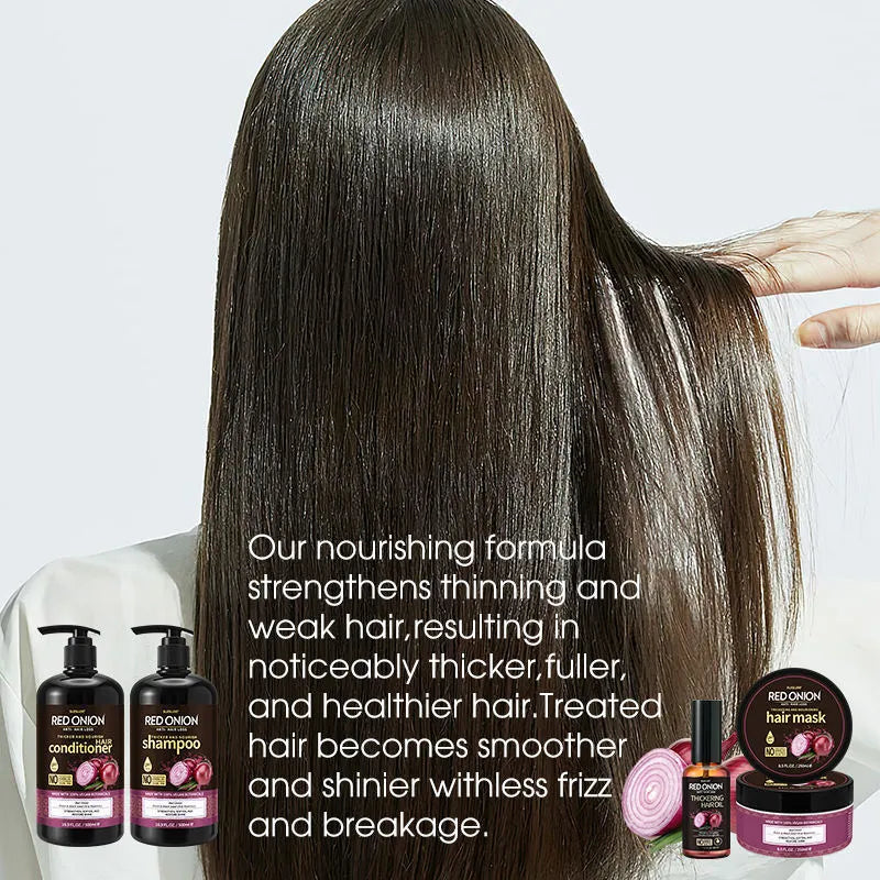 Red onion shampoo and conditioner four-piece set including large bottles and hair treatment products