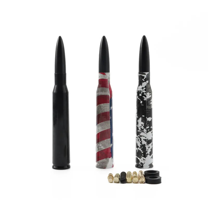 14cm long bullet car antenna in black, camouflage green, and American flag design options