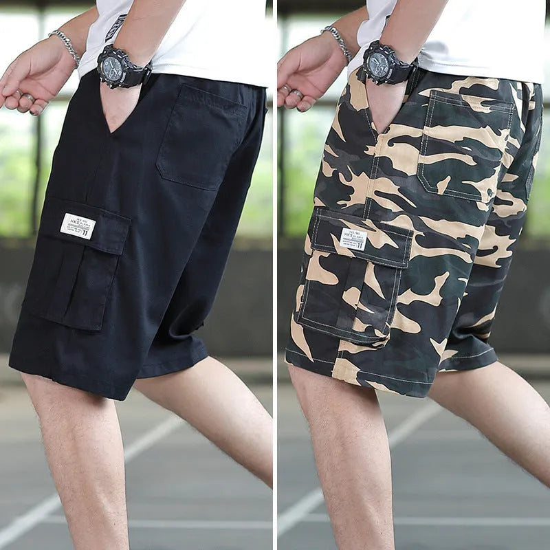 Man wearing loose fit khaki Korean style cargo trousers with a slim silhouette.