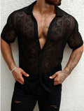 Men's black lace transparent short-sleeved polyester shirt cardigan on a model, front view