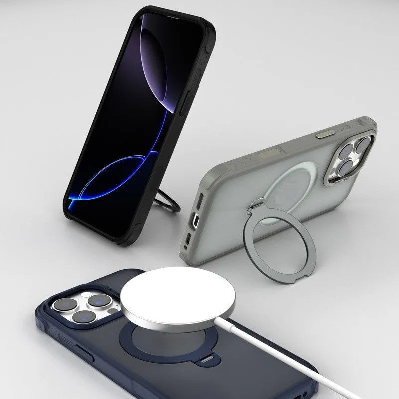 Magnetic suction frosted phone case for iPhone 16 series with bracket, TPU PC metal, seven colours