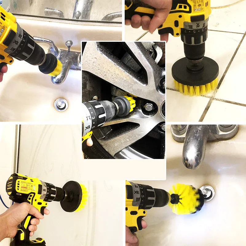 Three nylon drill brushes in different sizes for cleaning bathroom, tile and grout surfaces.