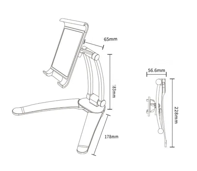 Silver aluminium alloy desktop tablet stand holding a tablet, showing its 360-degree rotation and adjustable chuck mechanism.