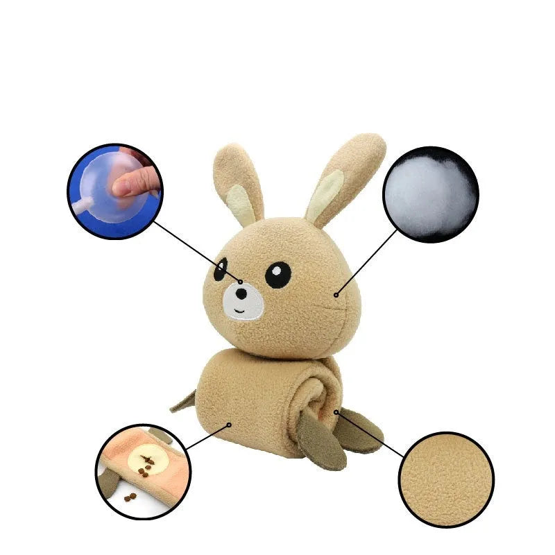 Poached bunny coloured plush dog training toy with food hiding compartments