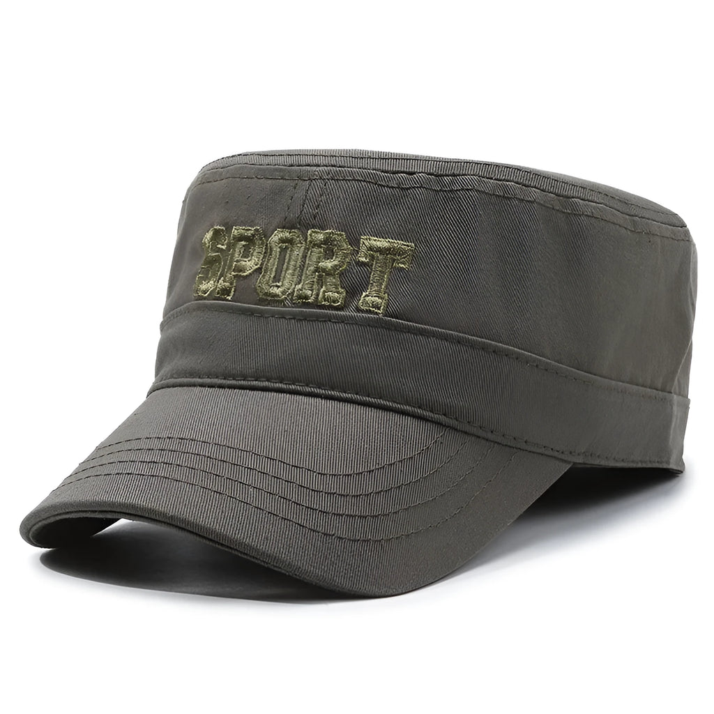Men's flat-top peaked cotton cap in army green with adjustable strap and English letter detail on the front.