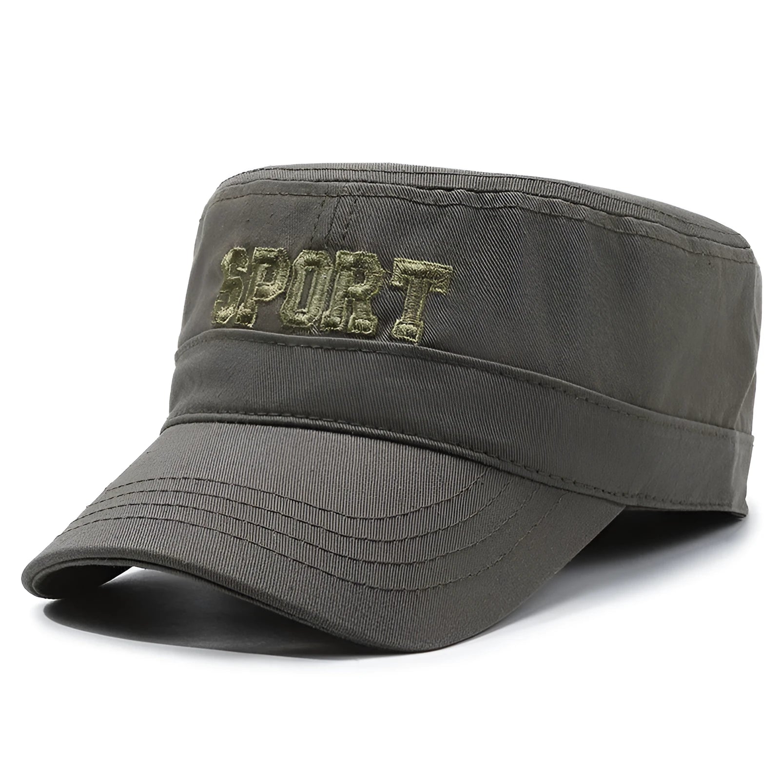 Men's flat-top peaked cotton cap in army green with adjustable strap and English letter detail on the front.