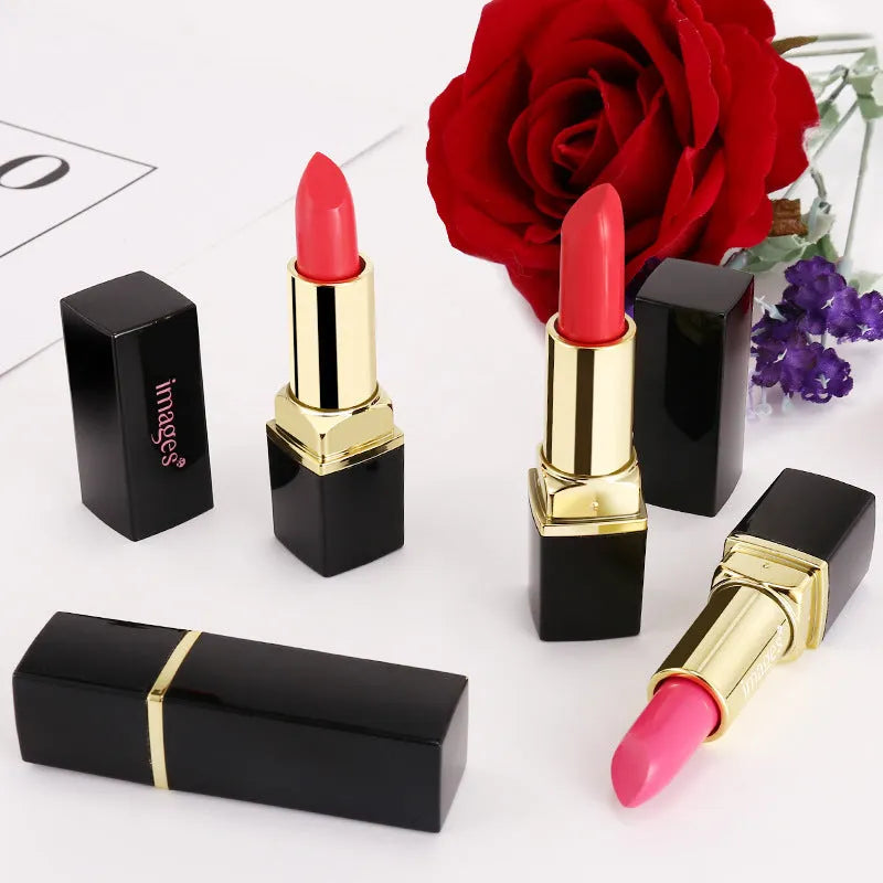 Lipstick lip gloss in a case showing colour range including coral red, bright orange, and Barbie pink.