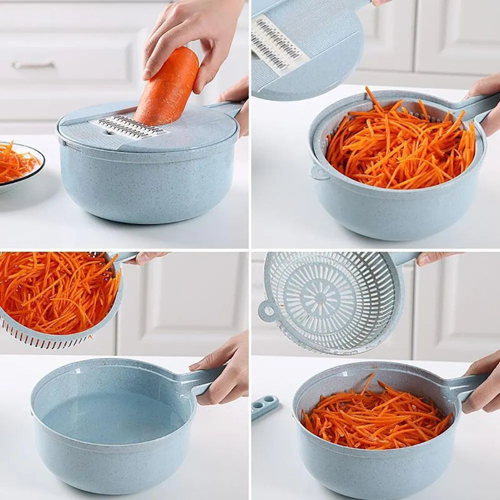 Blue 8-in-1 mandoline slicer with stainless steel blades, container, hand protector, and drain basket on kitchen counter
